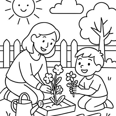 A Mom And Child Planting Flowers Together In A Sunny Backyard Garden