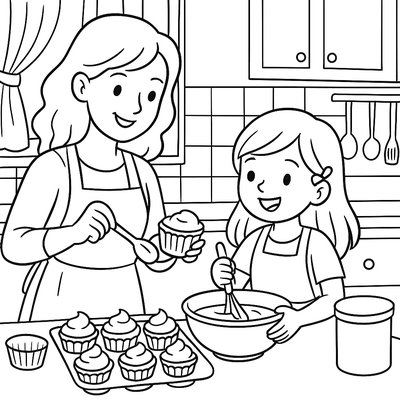 A Mom And Daughter Baking Cupcakes Together In A Cozy Kitchen