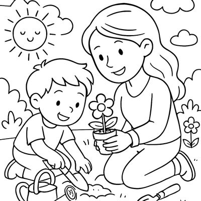 A Mom And Her Young Child Planting Flowers Together In A Sunny Garden, Both Smiling, With A Watering Can And Gardening Tools Nearby