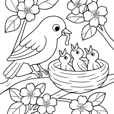 A Mother Bird Feeding Her Babies In A Cozy Nest Tucked Into A Flowering Apple Tree Branch