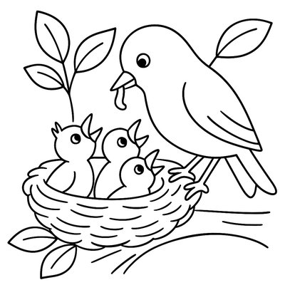 A Mother Bird Feeding Her Babies In The Nest