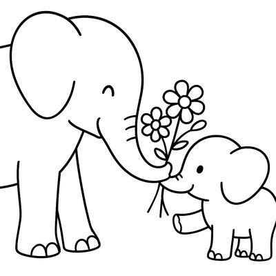 A Mother Elephant And Baby Elephant Sharing Flowers