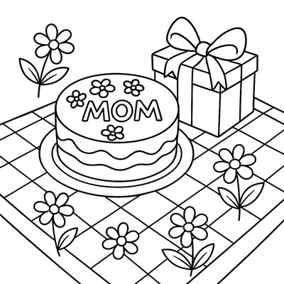 A Picnic Blanket With Flowers, A Cake, And A Gift Box For Mom