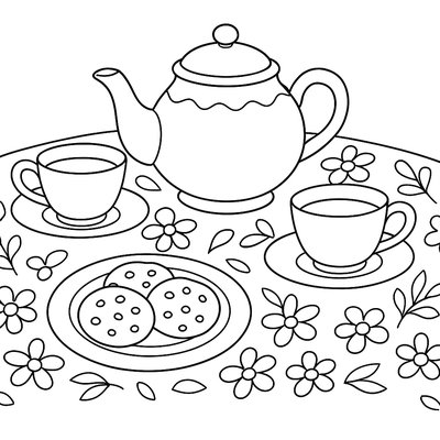 A Tea Party Set With Teapot, Cups, And Cookies On A Flowered Tablecloth