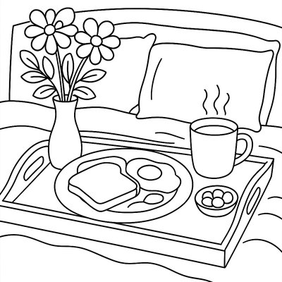 Breakfast In Bed Tray With Flowers And Heart-shaped Pancakes