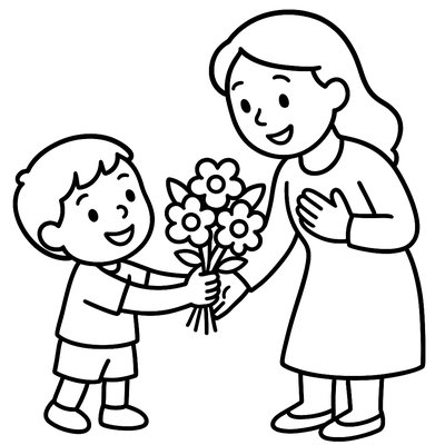 Child Giving Bouquet Of Flowers To Mother
