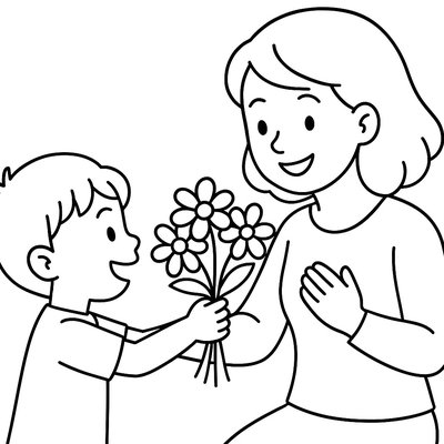 Child Giving Bouquet Of Spring Flowers To Mother