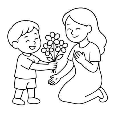 Child Presenting Handmade Bouquet To Mother In Garden Setting