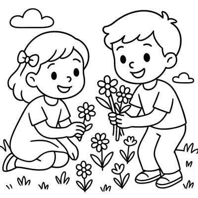 Children Picking Wildflowers For A Mother's Day Bouquet