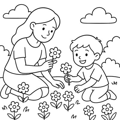 Mom And Child Picking Flowers Together In Garden