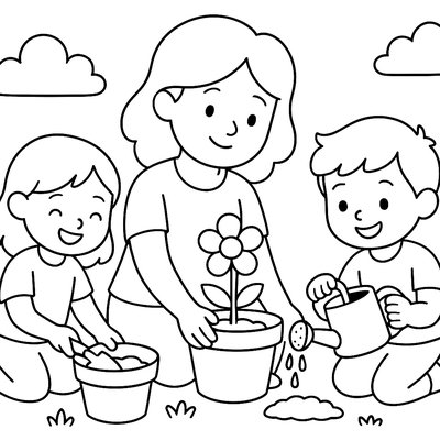 Mom And Children Planting Flowers Together In Garden Pots
