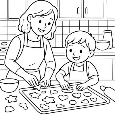 Mother And Child Baking Cookies Together In The Kitchen
