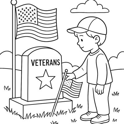 A Child Respectfully Placing A Small Flag At A Veteran's Memorial