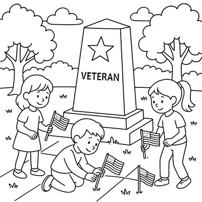 Children Placing Small Flags At A Veteran's Memorial In A Park