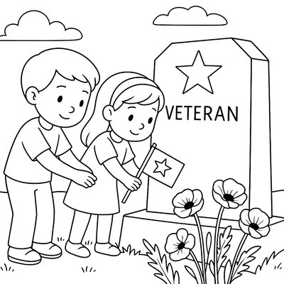 Two Children Placing A Small Flag At A Veteran's Memorial, With Poppies Growing Nearby