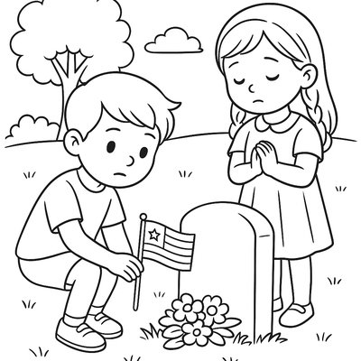 Two Children Respectfully Placing A Small Flag At A Memorial Marker