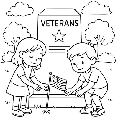 Two Children Respectfully Placing A Small Flag At A Veteran's Memorial Stone In A Park