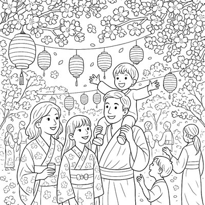 A Japanese Cherry Blossom Festival With Lanterns And Families
