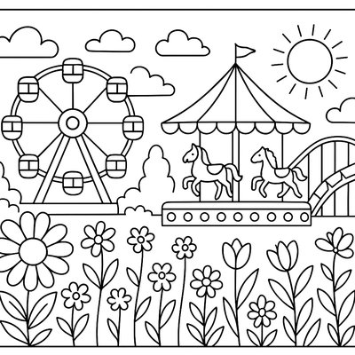 A Spring Fair With Carnival Rides And Flowers