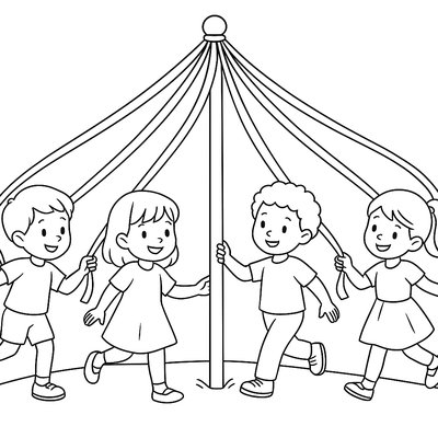 Children Dancing Around A Maypole With Colorful Ribbons