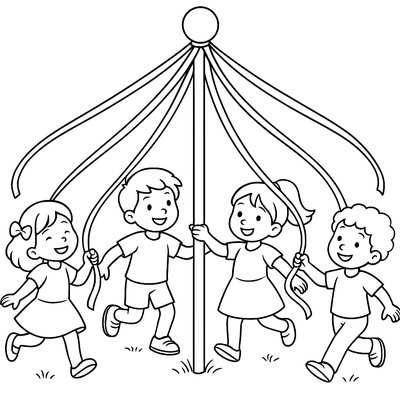 Children Dancing Around A Maypole With Ribbons