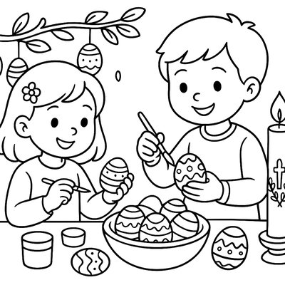 Children Decorating Eggs For Greek Orthodox Easter