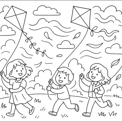 Children Flying Colorful Kites On A Windy April Day