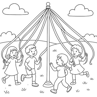 May Pole Dance With Children Holding Colorful Ribbons