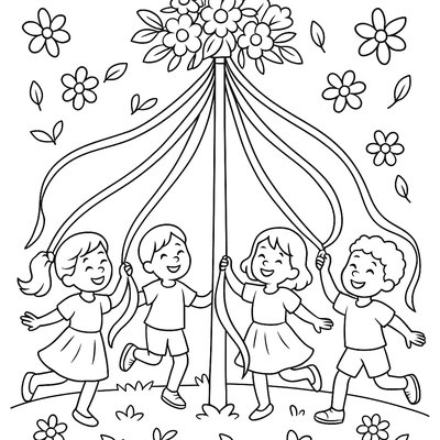 May Pole Dancing With Ribbons And Flowers