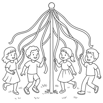 Maypole With Colorful Ribbons And Dancing Children