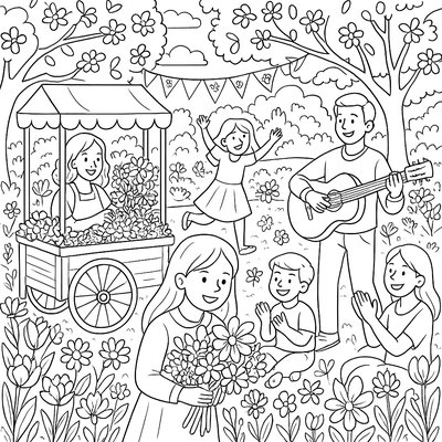 Outdoor Spring Festival With Flower Vendors And Music