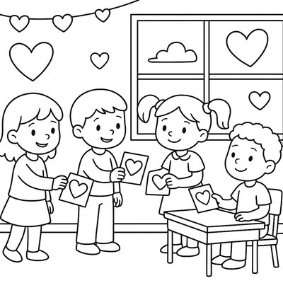 Children Exchanging Valentine Cards In Decorated Classroom