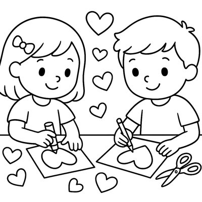 Children Making Valentine Cards With Hearts
