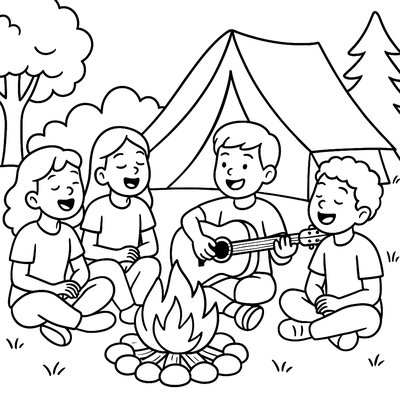 A Group Of Friends Playing Guitar And Singing Around A Campfire At A Campsite