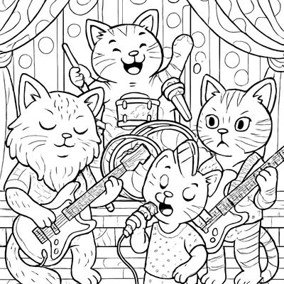 A Rock Band Of Cartoon Cats Performing On Stage