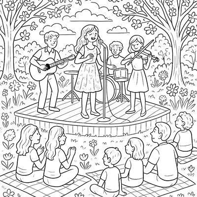 A Spring Concert In The Park With Musicians And Audience On Blankets