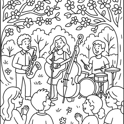 An Outdoor Spring Concert With Musicians Playing Among Flowers