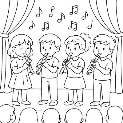 Children Playing Recorders In A School Music Concert