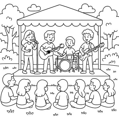 Outdoor Concert In Park With Musicians And Audience On Grass