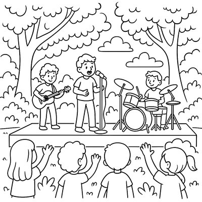 Outdoor Concert In Park With Musicians On Stage Under Trees