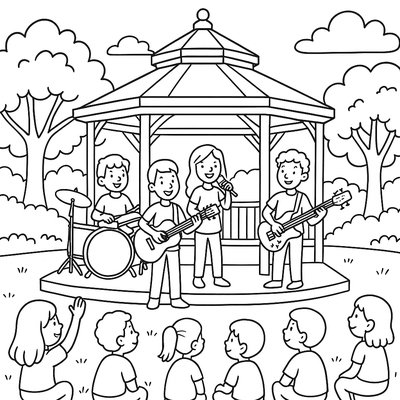 Outdoor Concert In The Park With Musicians And Audience