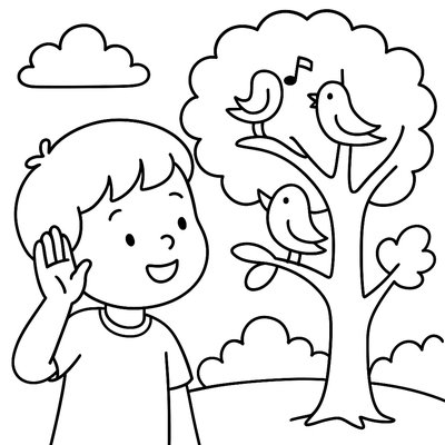 A Child Cupping Their Ear To Listen To Birds Singing In Trees