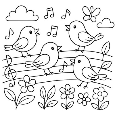Birds Perched On Musical Staff Lines Singing Spring Songs