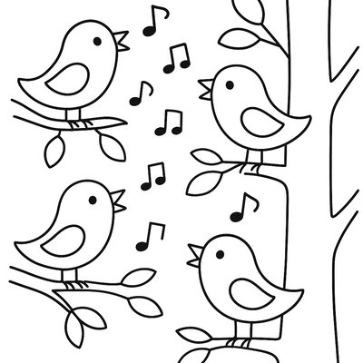 Birds Singing From Tree Branches With Musical Notes Floating