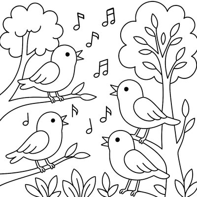 Birds Singing In A Tree With Musical Notes Floating Around