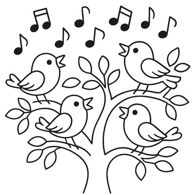 Birds Singing In Tree With Musical Notes Floating