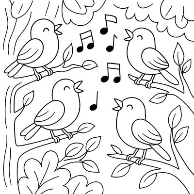 Birds Singing In Trees With Musical Notes Floating