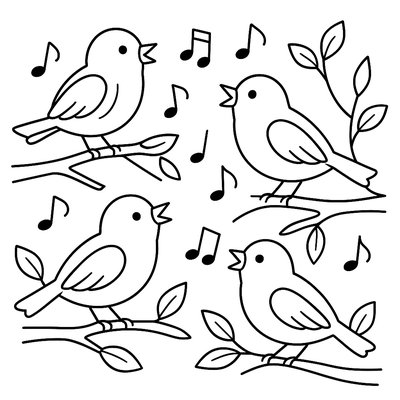 Birds Singing On Musical Staff Lines Among Tree Branches