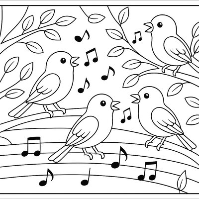 Birds Singing On Tree Branches With Musical Notes Floating In Air