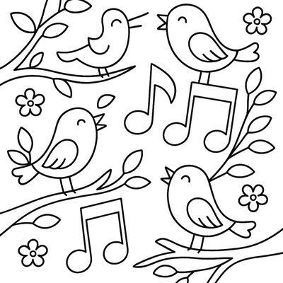 Birds Singing On Tree Branches With Musical Notes Floating